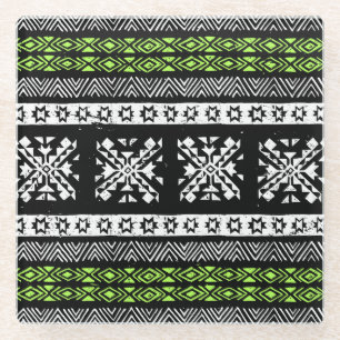Tribal Navajo, black white green pattern. Glass Coaster