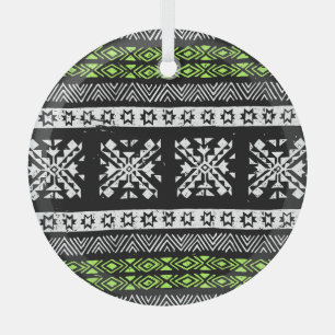 Tribal Navajo, black white green pattern. Glass Tree Decoration