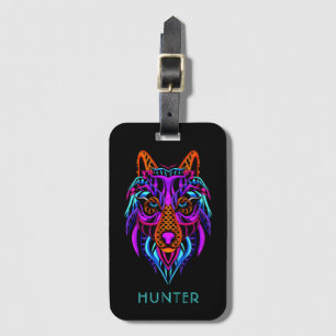 Tribal Neon Wolf Personalised Luggage Tag