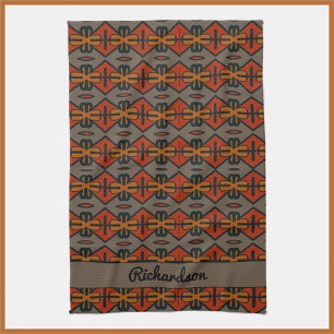 Tribal Orange and Gold Pattern Tea Towel