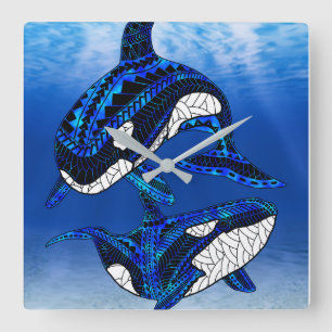 Tribal Orca Killer Whales Square Wall Clock