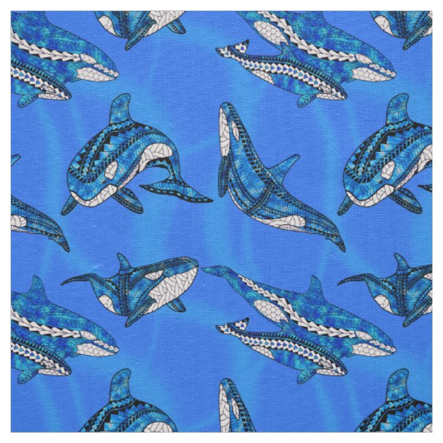 Tribal Orcas Whales Fabric (Swatch)
