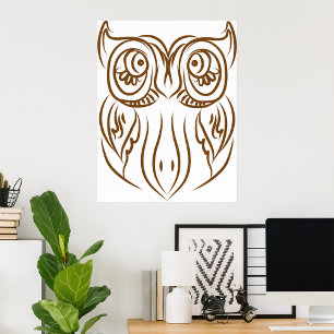 Tribal Owl Line Art Modern Brown Abstract Poster
