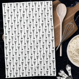 Tribal Owl Skeleton Key Black White Gothic Tea Towel