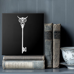 Tribal Owl Skeleton Key Black White Gothic Tile
