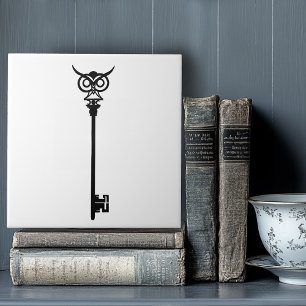 Tribal Owl Skeleton Key Black White Gothic Tile