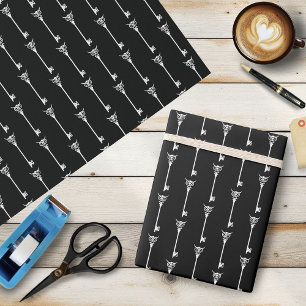 Tribal Owl Skeleton Key Black White Gothic Wrapping Paper