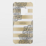 Tribal Paisley Mandala On Gold & White Stripes Uncommon Samsung Galaxy S9 Case<br><div class="desc">Black tribal paisley mandala over gold and white stripes pattern.
Girly design with optional monogram.</div>