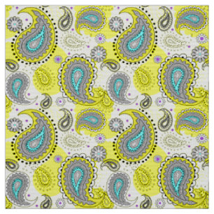 Tribal Paisley Pattern Lemon Yellow Turquoise Fabric