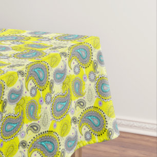 Tribal Paisley Pattern Lemon Yellow Turquoise  Tablecloth