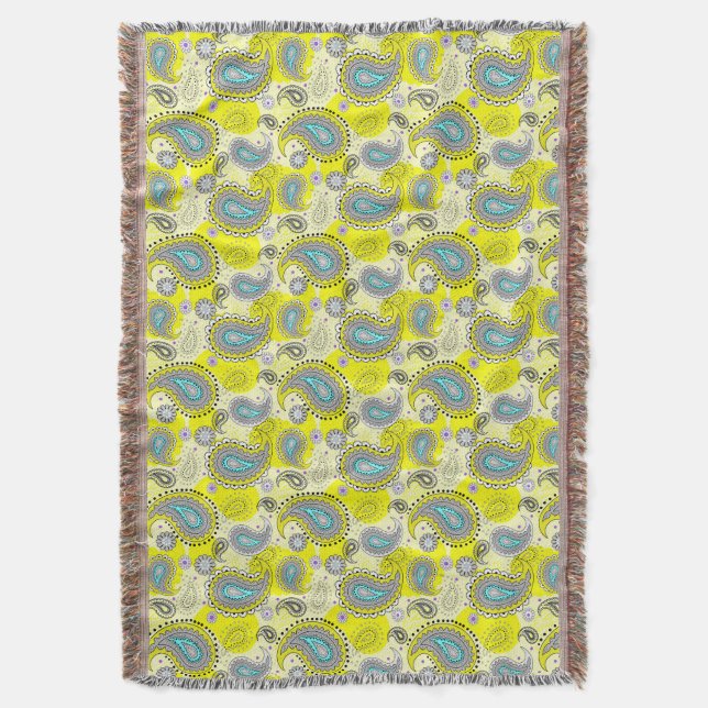 Tribal Paisley Pattern Lemon Yellow Turquoise  Throw Blanket (Front Vertical)