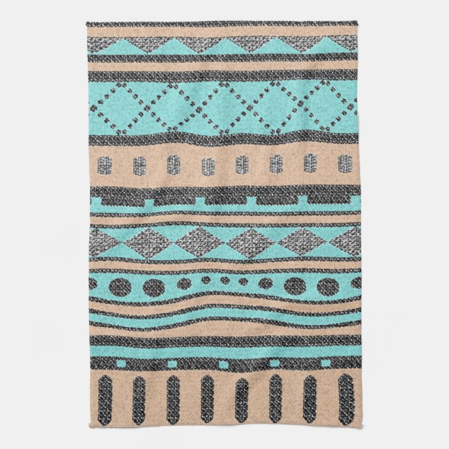 Tribal Pattern Peach And Turquoise Tea Towel (Vertical)