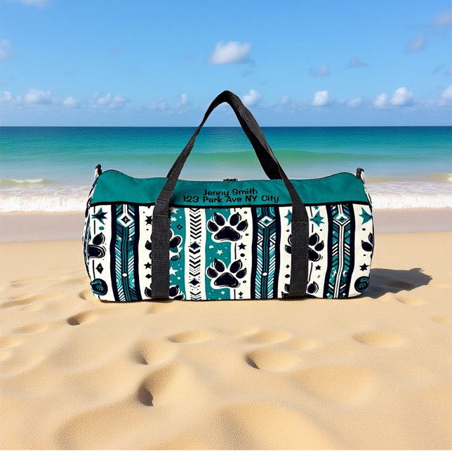 Tribal Paw Print Teal Monogram Personalise Duffle Bag (Creator Uploaded)