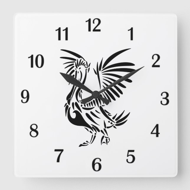 Tribal Pelican Art Black Numbers Square Wall Clock (Front)