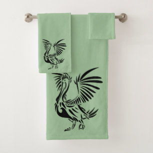 Tribal Pelican Art on Green Bath Towel Set