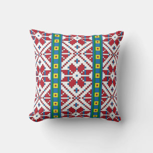 Tribal red, blue, and white star geometric pattern cushion