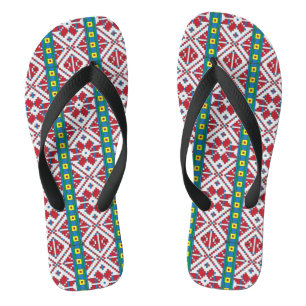 Tribal red, blue, and white star geometric pattern jandals