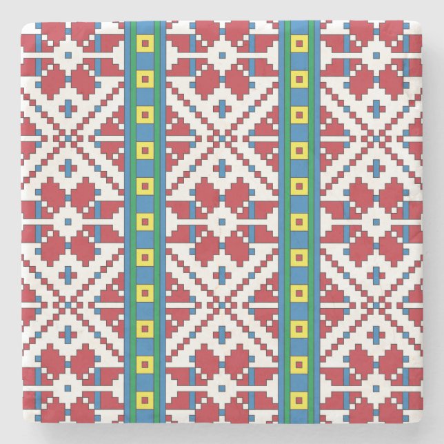 Tribal red, blue, and white star geometric pattern stone coaster (Front)