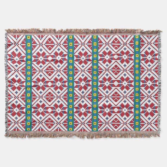 Tribal red, blue, and white star geometric pattern throw blanket (Front)