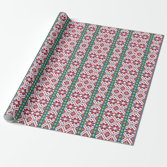 Tribal red, blue, and white star geometric pattern wrapping paper (Unrolled)