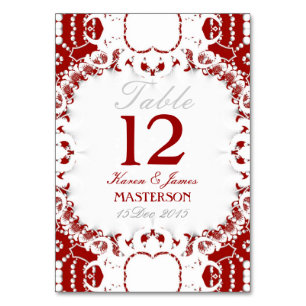 Tribal Red White Lace Wedding Table Number Card