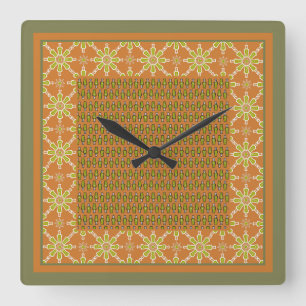 Tribal Rust Green Cream Patterns Square Wall Clock