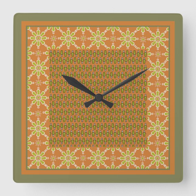 Tribal Rust Green Cream Patterns Square Wall Clock (Front)