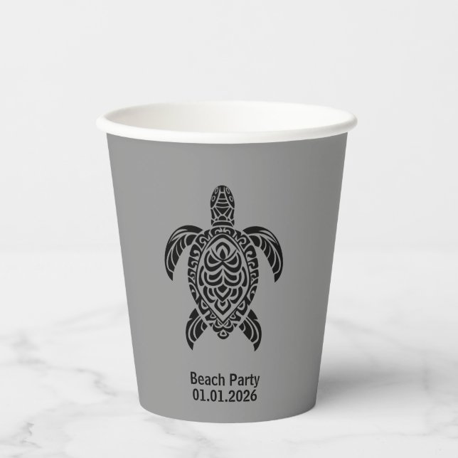 Tribal Sea Turtle, black on gray Paper Cups (Front)