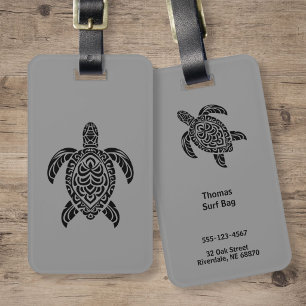 Tribal Sea Turtle, black on grey Luggage Tag