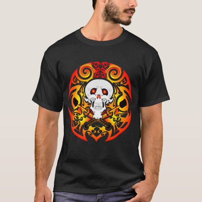 Tribal Skull and Fire-Clubs T-Shirt (Front)