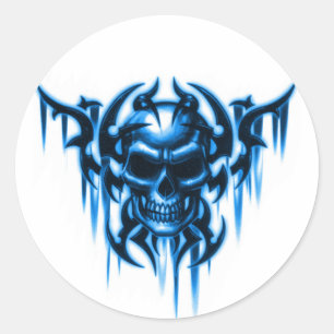 tribal skull-blue classic round sticker