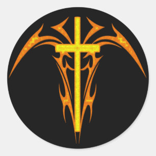 TRIBAL STYLE CROSS AND ANGEL CLASSIC ROUND STICKER