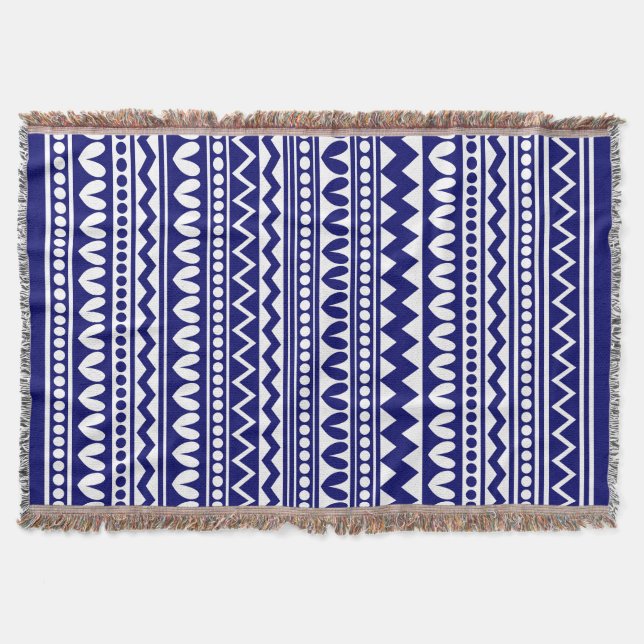 Tribal Style - Deep Navy on White Throw Blanket (Front)