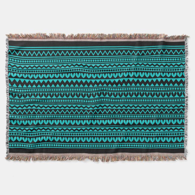 Tribal Style V2 - Black on Deep Turquoise Throw Blanket (Front)