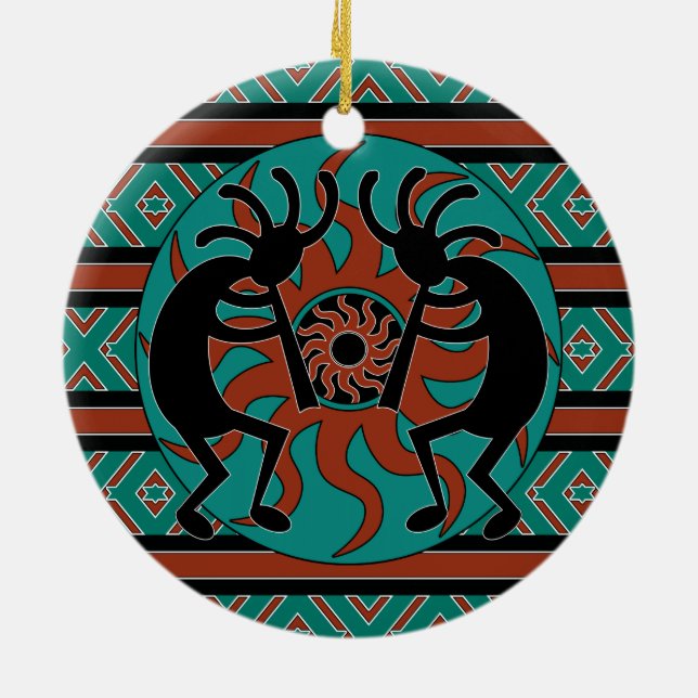 Tribal Sun Turquoise Kokopelli Southwest Christmas Ceramic Tree Decoration (Back)