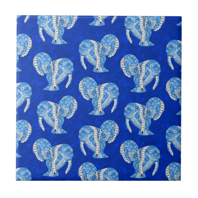 Tribal Tattoo Manatees Ocean Blue Tile (Front)
