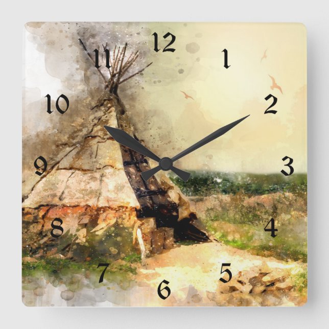 Tribal Tipi ~ Beautiful Watercolor Teepee Square Wall Clock (Front)