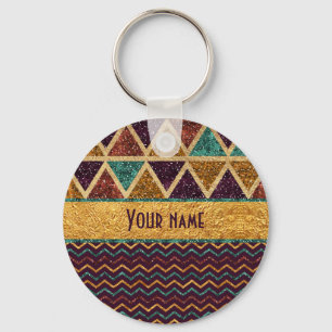 Tribal Triangles Chevrons Faux Glitter Foil Key Ring