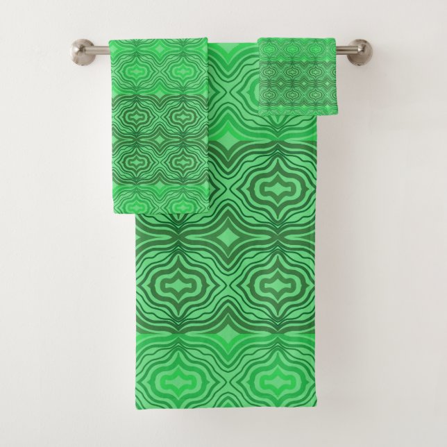 Tribal Tropical Wavy Green Lines Geometric Art Bath Towel Set (Insitu)