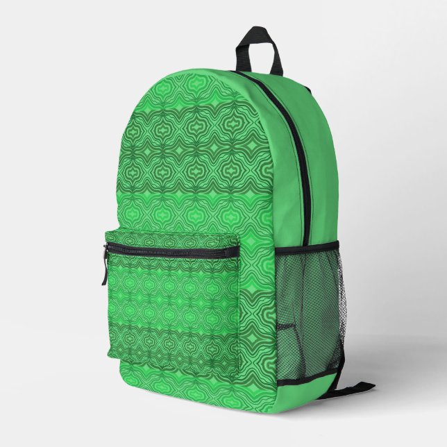 Tribal Tropical Wavy Green Lines Geometric Art Printed Backpack (Back Corner Right)