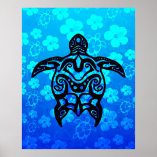Tribal Turtle Hibiscus Poster