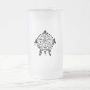 Tribal Turtle Shield Tattoo Frosted Glass Beer Mug