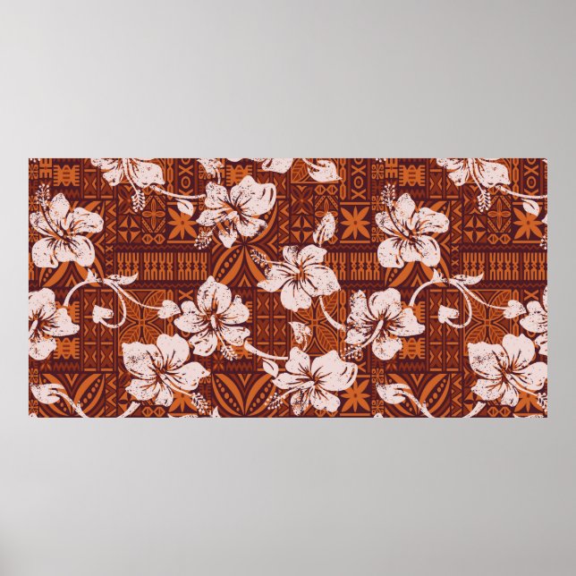 Tribal vintage Hawaiian hibiscus flowers wallpaper Poster (Front)