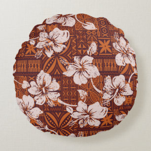 Tribal vintage Hawaiian hibiscus flowers wallpaper Round Cushion