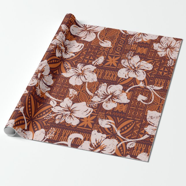 Tribal vintage Hawaiian hibiscus flowers wallpaper Wrapping Paper (Unrolled)