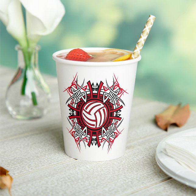 Tribal Volleyball Mandala Red and Black Sports  Paper Cups (Creator Uploaded)