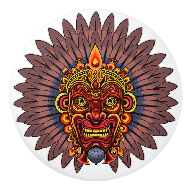 Tribal Warrior King Ritual Mask Ceramic Knob (Front)