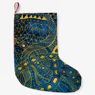 Tribal Watercolor and Gold Pattern on blue Small Christmas Stocking