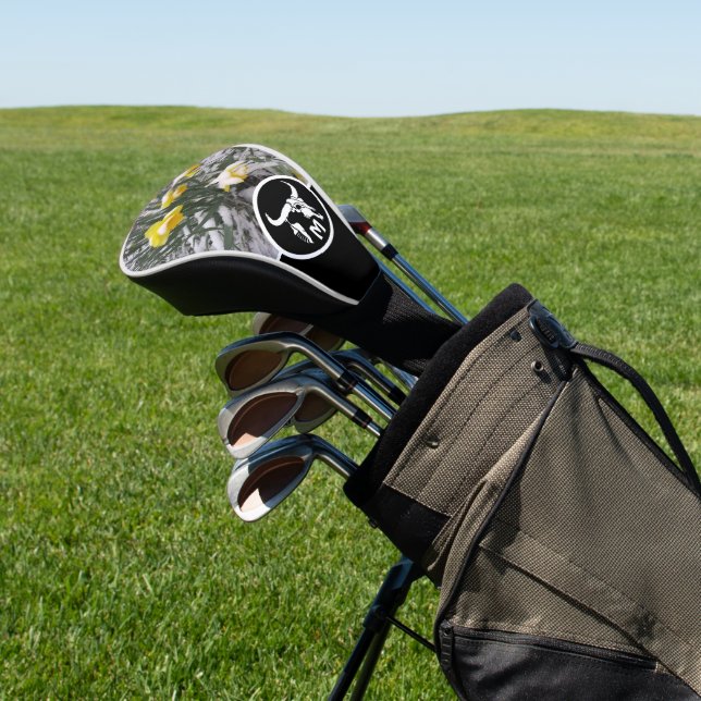 Tribal White Bull Skull Silhouette Monogram Photo Golf Head Cover (In Situ)