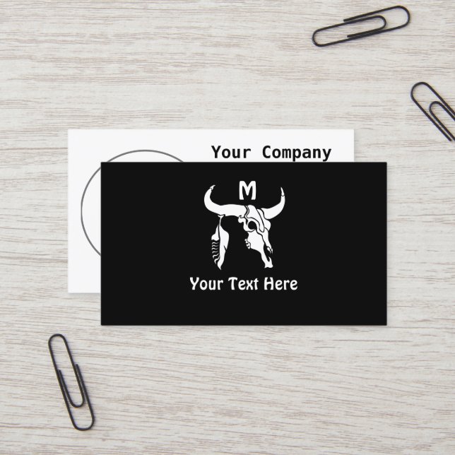 Tribal White Longhorn Bull Skull w White Feather Business Card (Front/Back In Situ)